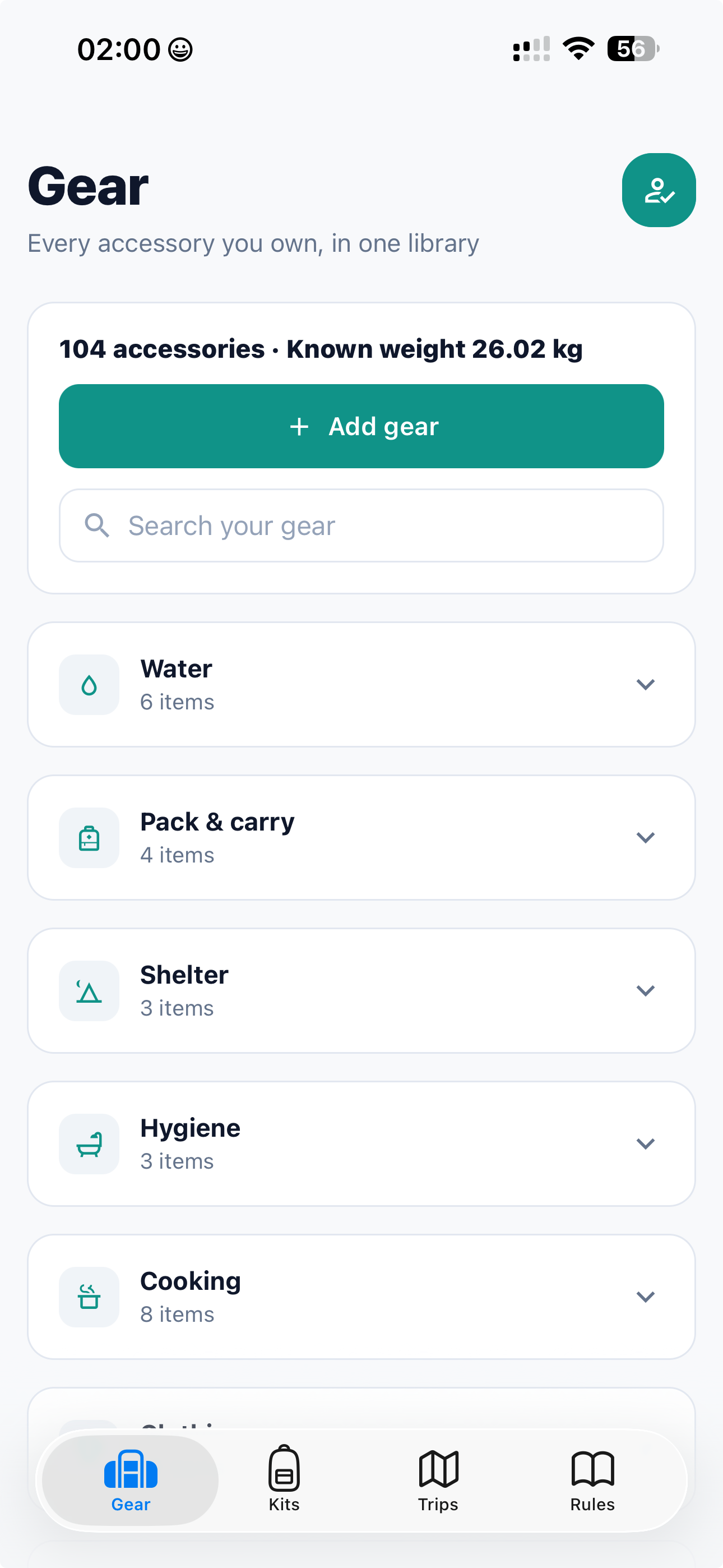 GearPulse Gear screen with equipment grouped by category and known weight