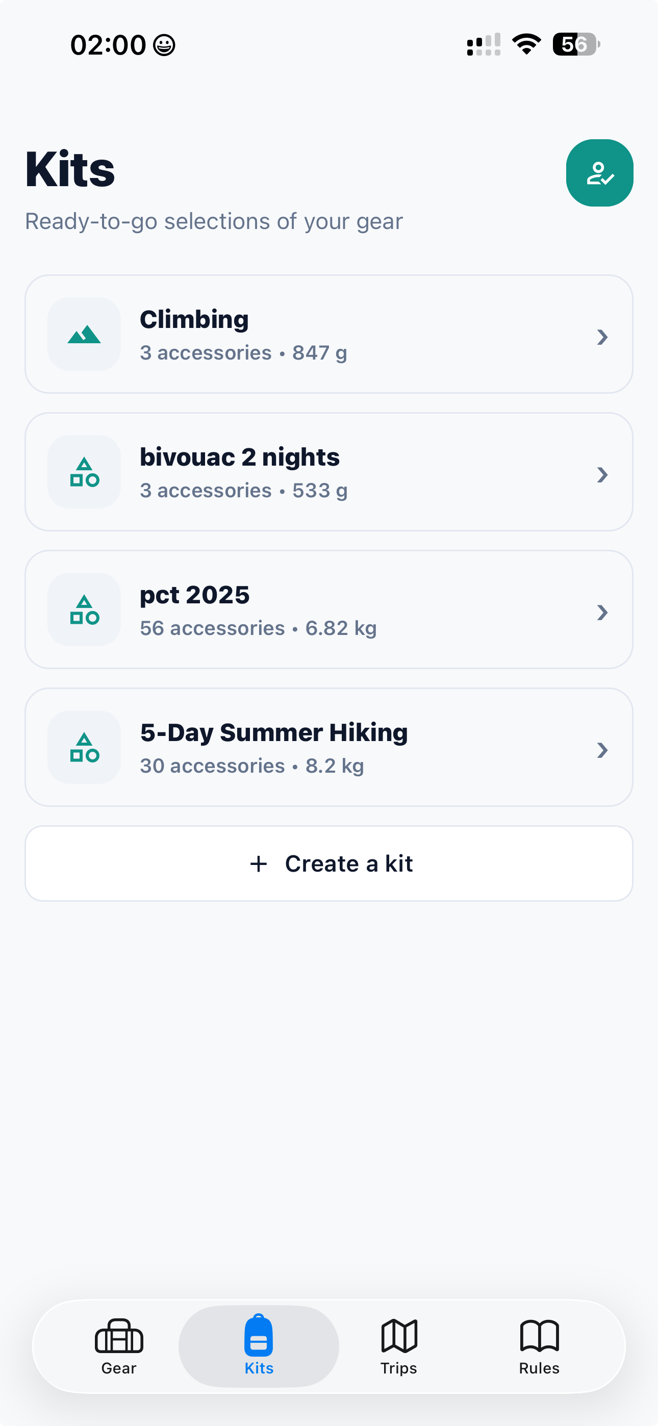 GearPulse Kits screen showing reusable hiking and climbing kits