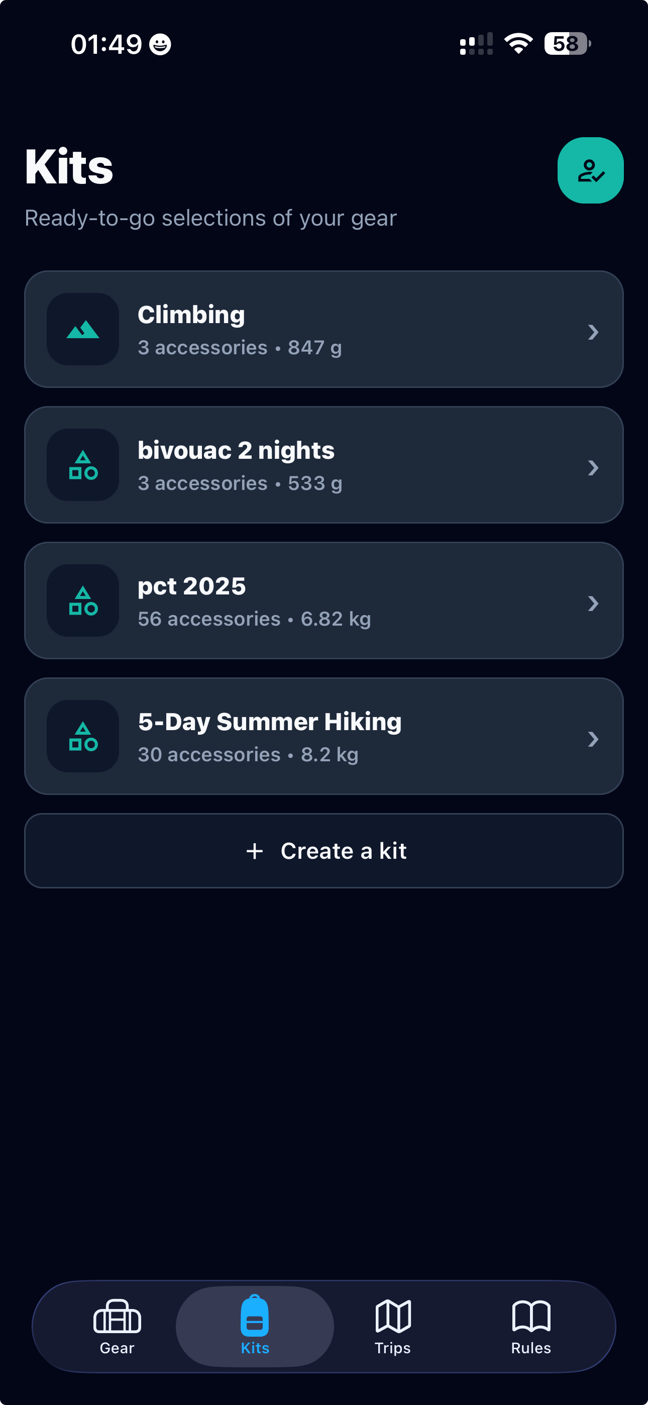GearPulse Kits screen showing reusable hiking and climbing kits