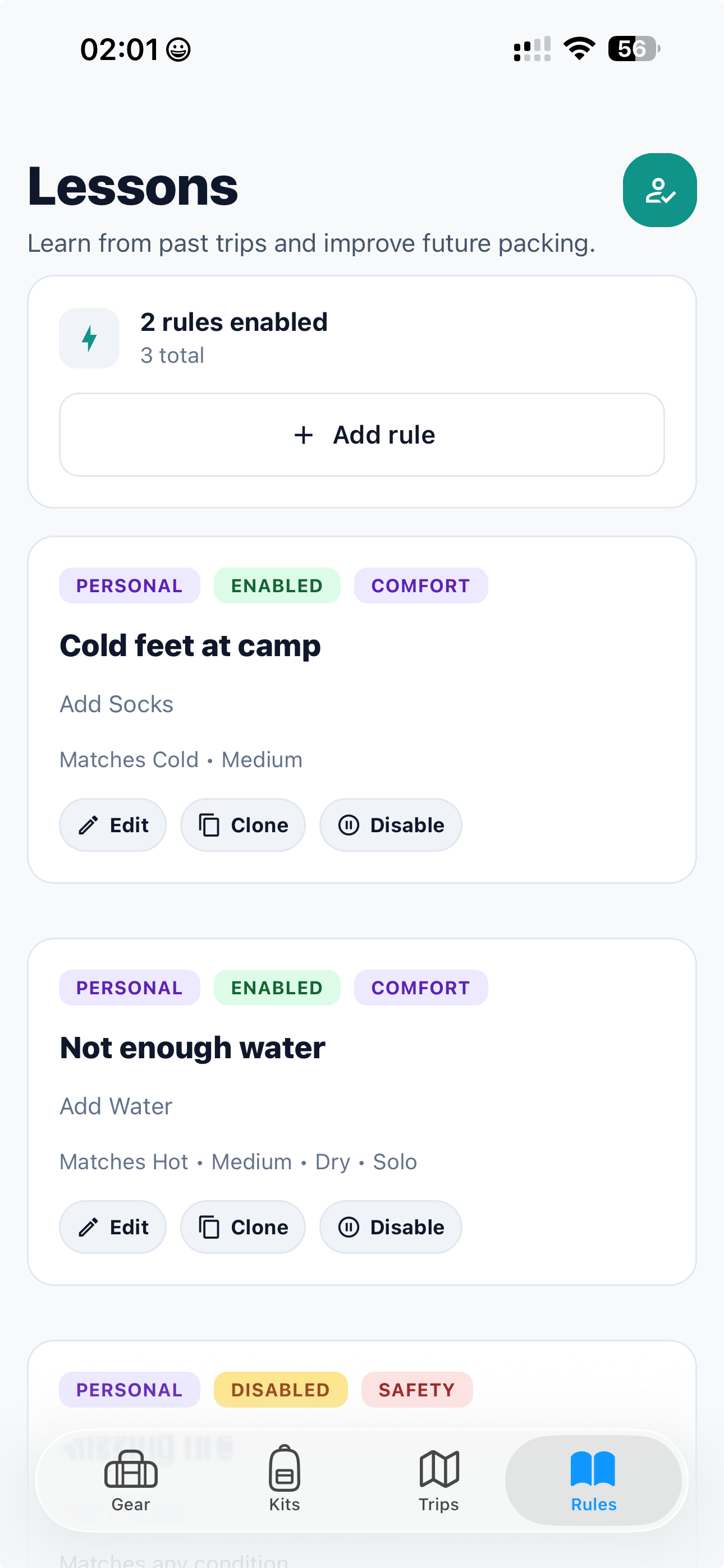 GearPulse Rules screen showing lessons learned from previous trips