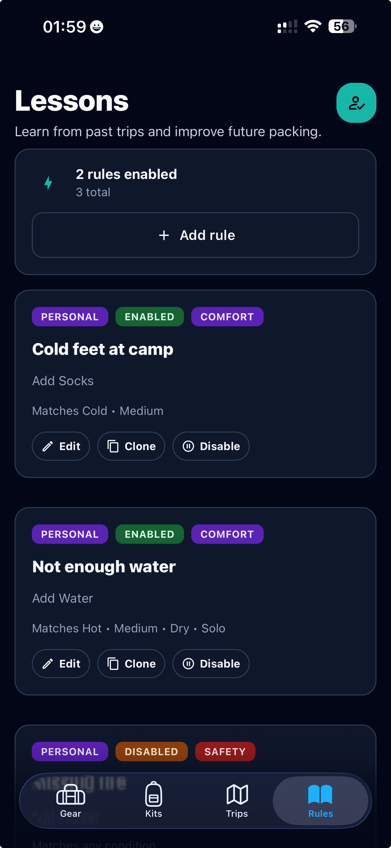 GearPulse Rules screen showing lessons learned from previous trips