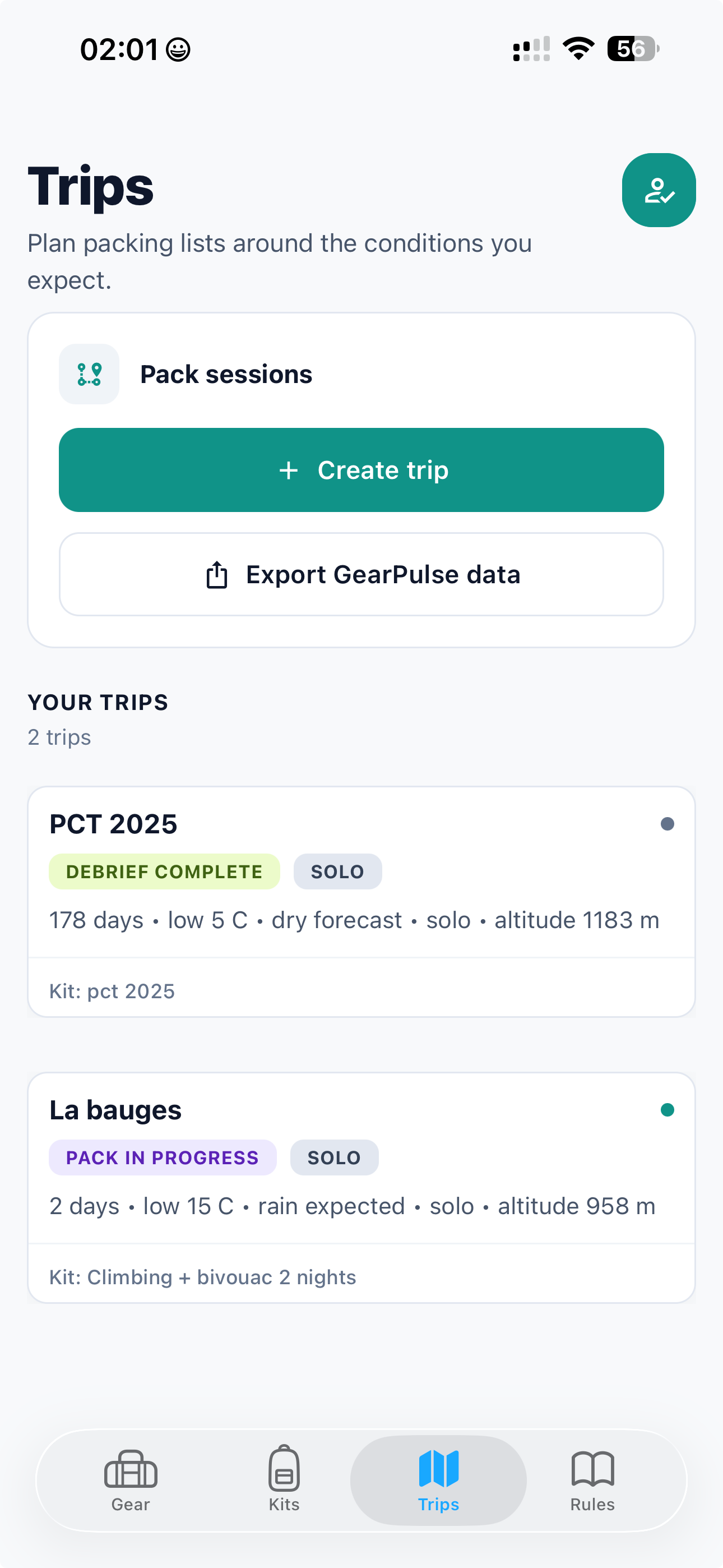GearPulse Trips screen showing condition-aware pack sessions