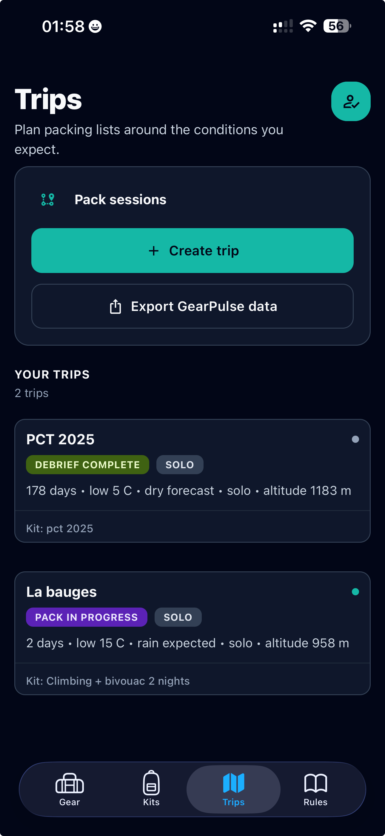 GearPulse Trips screen showing condition-aware pack sessions
